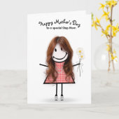 棒人間女子の義理の母への母の日 , ステップママのための可愛い棒人間女子。髪、チェックのドレス、パー カード (黄色い花)