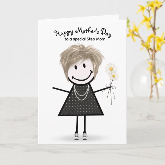 棒人間少女の母の日のステップママへのプレゼント カード (黄色い花)