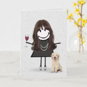 棒人間誕生日ガールと犬 カード (黄色い花)