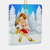棒馬の冬場面の西部の小さい女性のカーボーイ セラミックオーナメント (右)