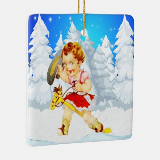 棒馬の冬場面の西部の小さい女性のカーボーイ セラミックオーナメント (右)