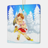 棒馬の冬場面の西部の小さい女性のカーボーイ セラミックオーナメント (左)