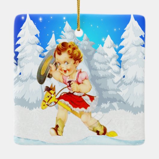 棒馬の冬場面の西部の小さい女性のカーボーイ セラミックオーナメント (裏面)