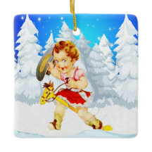 棒馬の冬場面の西部の小さい女性のカーボーイ