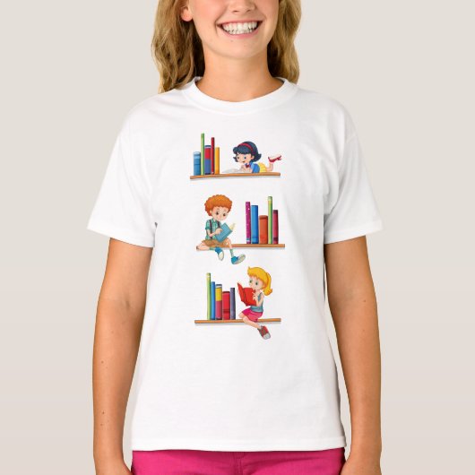 棚で本を読む子供たち Tシャツ (正面)