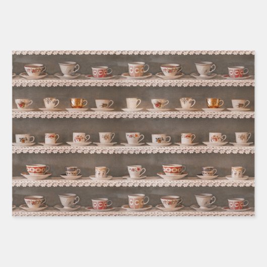 棚にコーヒー&ティーカップかわいい写真のパターン ラッピングペーパーシート (正面)