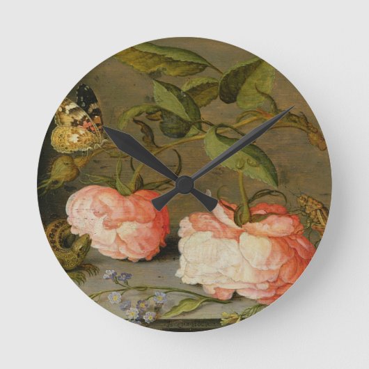 棚のバラが付いている静物画 ラウンド壁時計 (正面)