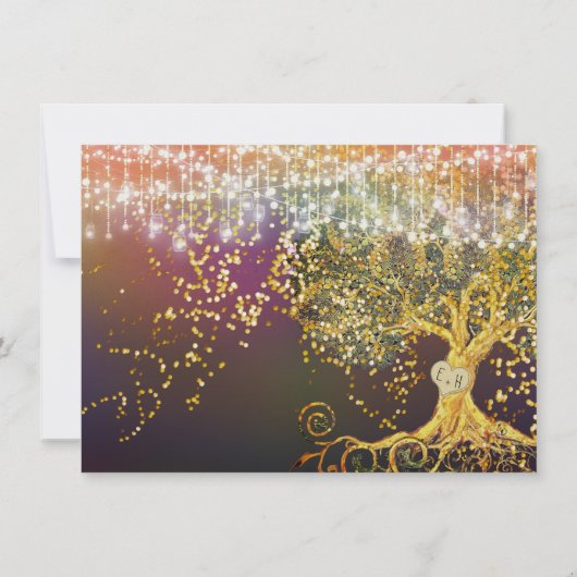 森おとぎ話パープル金ゴールド結婚式の日付を保存 招待状 (裏面)