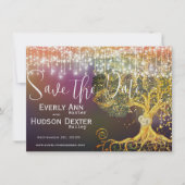 森おとぎ話パープル金ゴールド結婚式の日付を保存 招待状 (正面)