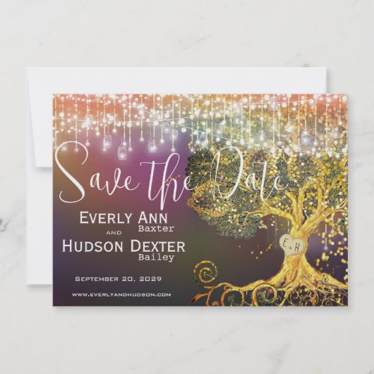 森おとぎ話パープル金ゴールド結婚式の日付を保存 招待状 (正面)