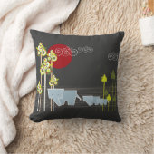 森お洒落の中の象の家族と赤い太陽 クッション (ブランケット)