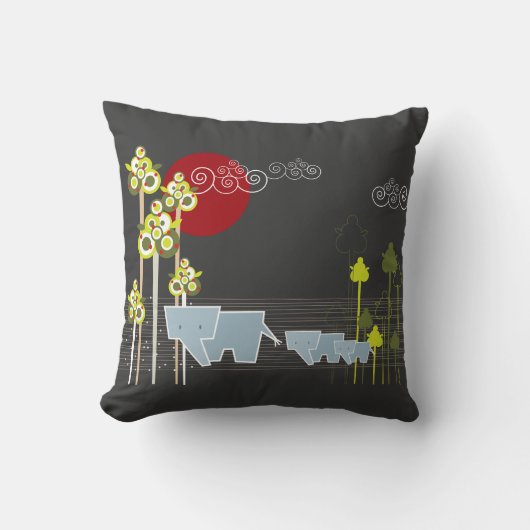 森お洒落の中の象の家族と赤い太陽 クッション (正面)