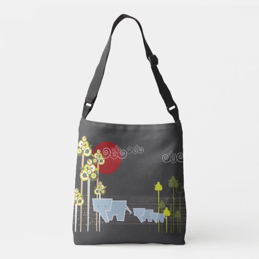 森お洒落の中の象の家族と赤い太陽 クロスボディバッグ (裏面)