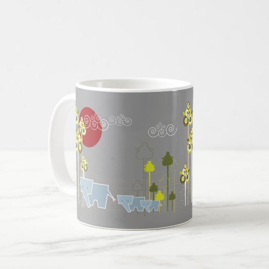 森お洒落の中の象の家族と赤い太陽 コーヒーマグカップ (正面左)