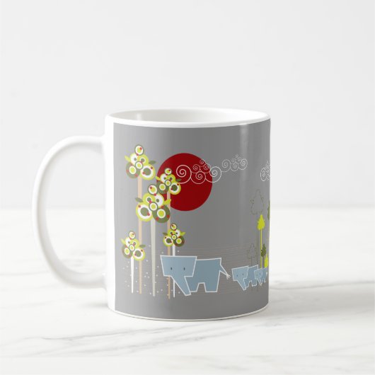 森お洒落の中の象の家族と赤い太陽 コーヒーマグカップ (左)