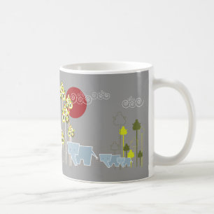 森お洒落の中の象の家族と赤い太陽 コーヒーマグカップ