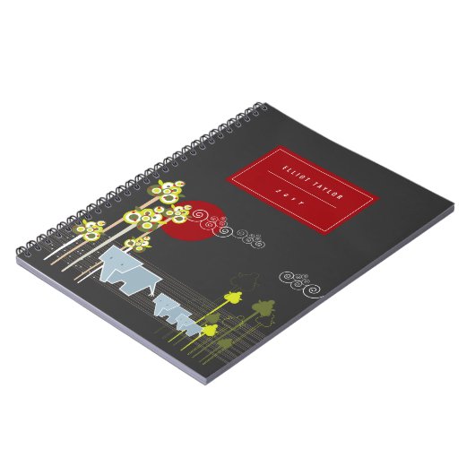 森お洒落の中の象の家族と赤い太陽 ノートブック (左側)