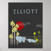 森お洒落の中の象の家族と赤い太陽 ポスター (正面)