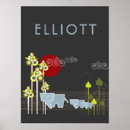 森お洒落の中の象の家族と赤い太陽 ポスター