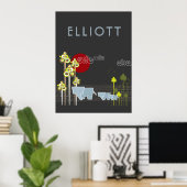 森お洒落の中の象の家族と赤い太陽 ポスター (ホームオフィス)