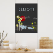 森お洒落の中の象の家族と赤い太陽 ポスター (キッチン)