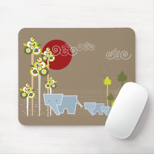 森お洒落の中の象の家族と赤い太陽 マウスパッド (マウス)