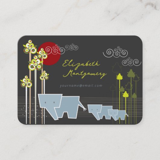 森お洒落の中の象の家族と赤い太陽 名刺 (正面)