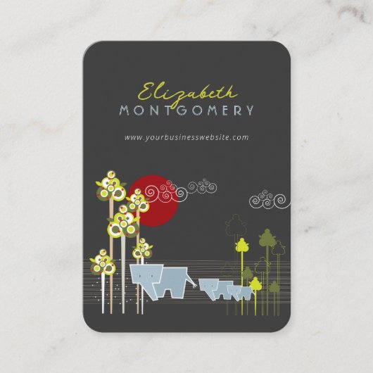 森お洒落の中の象の家族と赤い太陽 名刺 (正面)