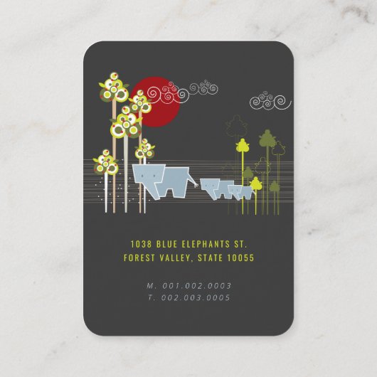 森お洒落の中の象の家族と赤い太陽 名刺 (裏面)