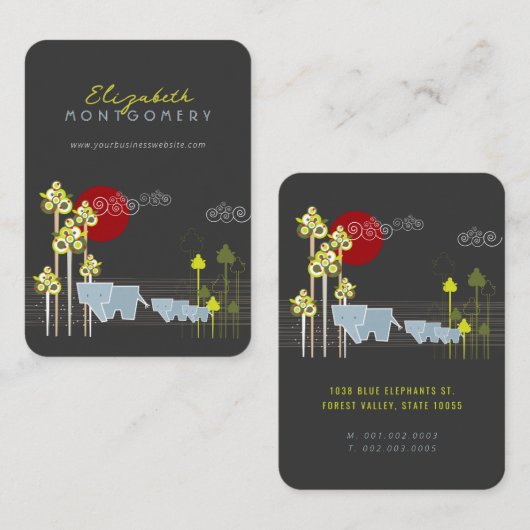 森お洒落の中の象の家族と赤い太陽 名刺 (正面/裏面)