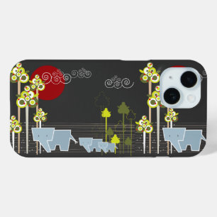 森お洒落の木の太陽のかわいい象の家族 iPhone 15ケース