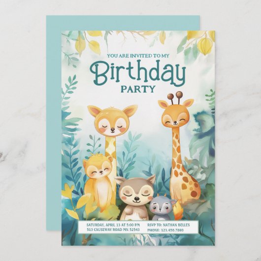 森お洒落動物をテーマにした誕生日招待状 招待状 (正面/裏面)