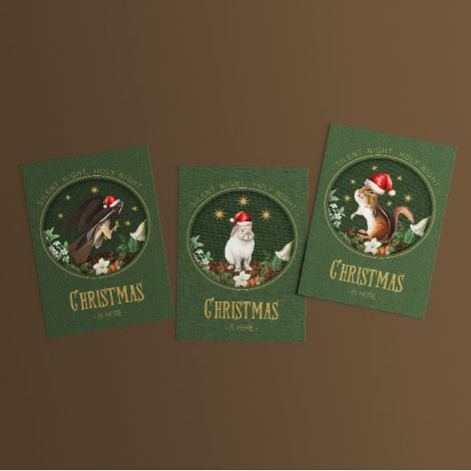 森お洒落動物クリスマス 箔グリーティングカード