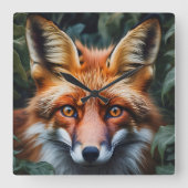 森から覗くゴージャスな赤いキツネ スクエア壁時計 (正面)