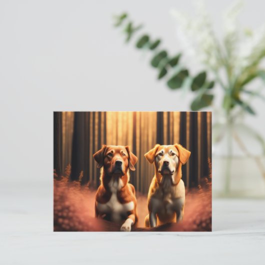 森でポーズをとる犬の友人 ポストカード (スタンド正面)