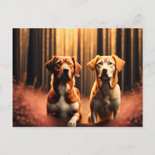 森でポーズをとる犬の友人 ポストカード (正面)