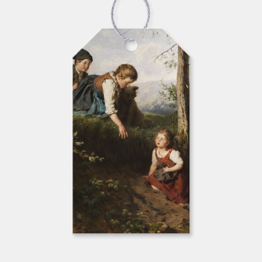 森で野生の果実を摘む3人の子供 ギフトタグ (正面)