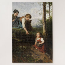 森で野生の果実を摘む3人の子供