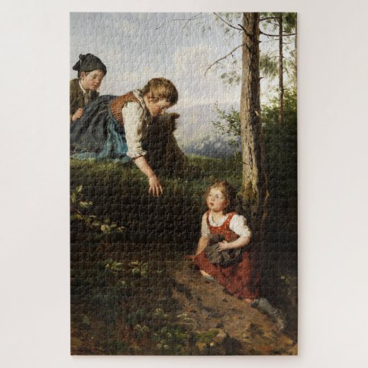 森で野生の果実を摘む3人の子供 ジグソーパズル (縦)