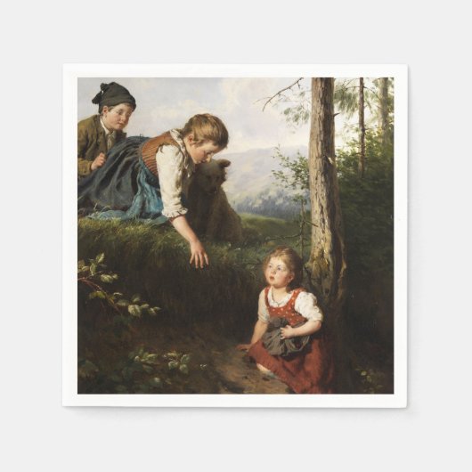 森で野生の果実を摘む3人の子供 スタンダードカクテルナプキン (正面)