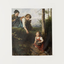 森で野生の果実を摘む3人の子供