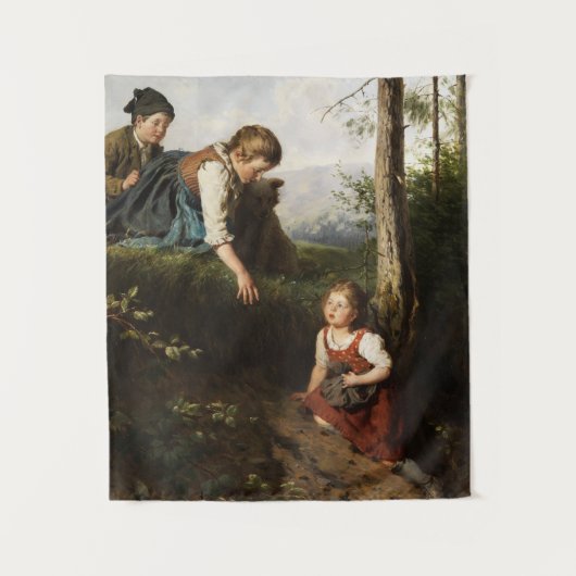 森で野生の果実を摘む3人の子供 タペストリー (正面)