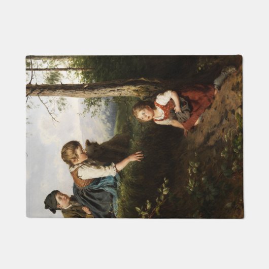 森で野生の果実を摘む3人の子供 ドアマット (正面)