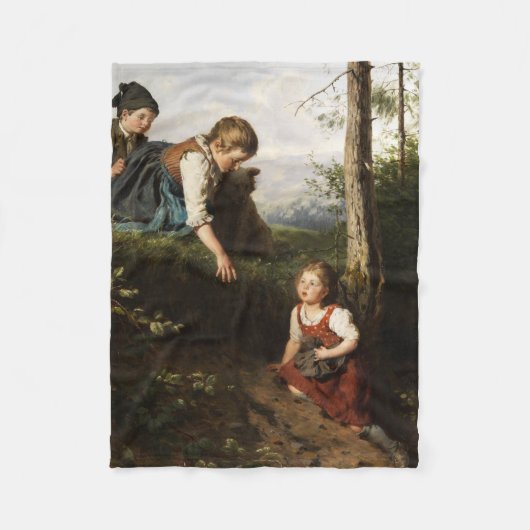 森で野生の果実を摘む3人の子供 フリースブランケット (正面)