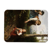 森で野生の果実を摘む3人の子供 マグネット (横)