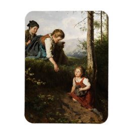 森で野生の果実を摘む3人の子供 マグネット