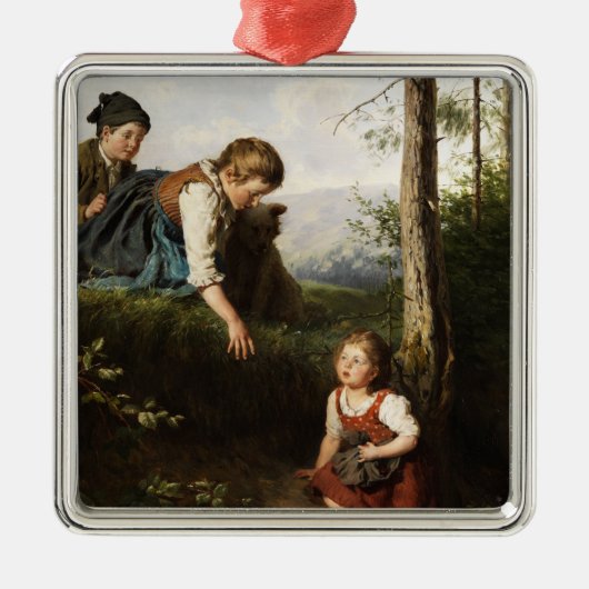 森で野生の果実を摘む3人の子供 メタルオーナメント (正面)