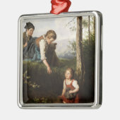 森で野生の果実を摘む3人の子供 メタルオーナメント (左)