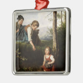 森で野生の果実を摘む3人の子供 メタルオーナメント (左)