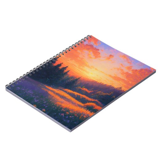 森に沈むオレンジ色の威厳のある夕日 ノートブック (左側)